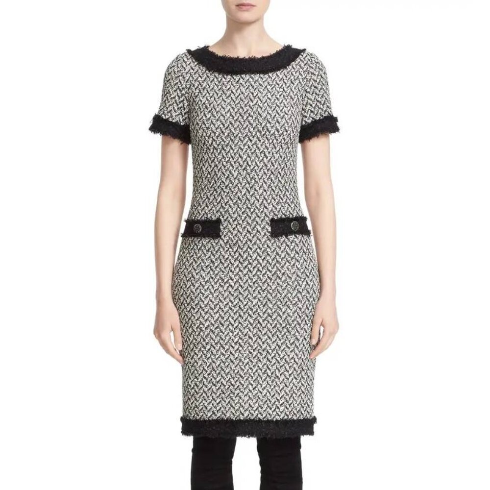St. John AW/16 White & Black Chevron-Tweed Short-Sleeve Dress